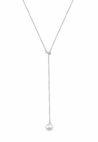 Srebrny naszyjnik z łańcuszka z pionowym zawieszeniem, z pojedynczą białą perłą jako zawieszką. Łańcuszek ma równomierny, delikatny wzór ogniw.