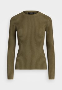 Olivgrön ribbad långärmad tröja med rund halsringning, tillverkad av elastiskt material, med en åtsittande silhuett och vertikala linjer.