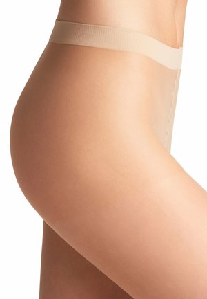 Collants beiges transparents avec une ceinture douce, une texture lisse et un design sans coutures s'étendant jusqu'à mi-cuisse.