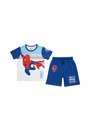 Ensemble pour enfants Spider-Man bleu et blanc avec t-shirt à manches courtes avec motif Spider-Man et short bleu assorti avec écusson visage Spider-Man.