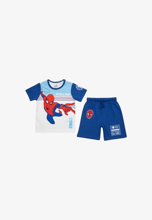 Ensemble pour enfants Spider-Man bleu et blanc avec t-shirt à manches courtes avec motif Spider-Man et short bleu assorti avec écusson visage Spider-Man.