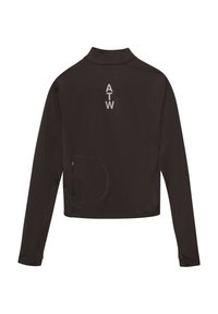 Svart zip-up-jacka med hög krage, långa ärmar och en sidoficka med dragkedja. "ATW" tryckt i vitt på baksidan. Slät struktur.
