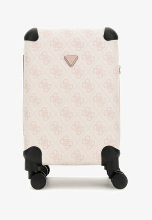 Rolkoffer in lichtroze textiel met een diamanten patroon. Zwarte rubberen hoeken en wielen. Beschikt over een driehoekig merkteken.