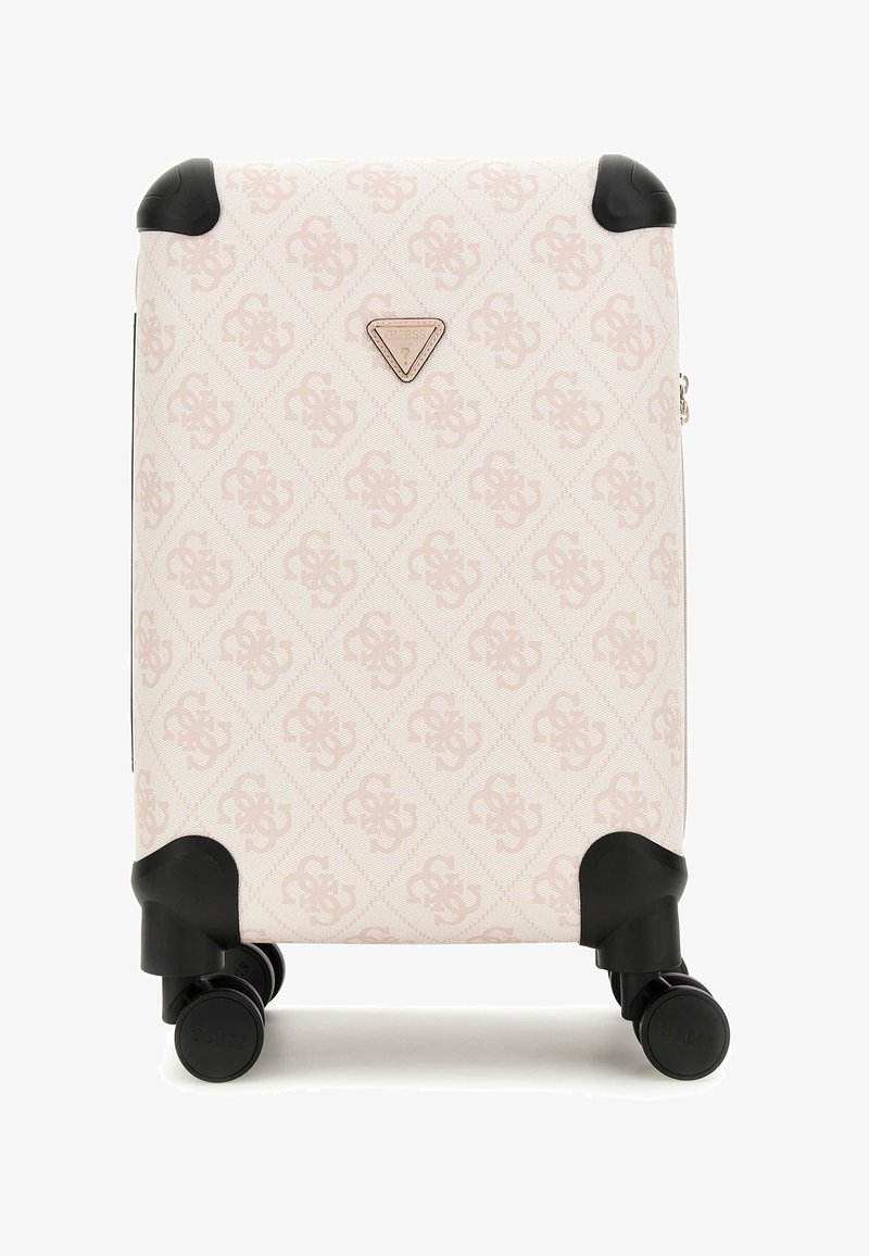 Rollkoffer aus hellrosa strukturiertem Stoff mit einem Rautenmuster. Schwarze Gummiecken und Räder. Mit einem dreieckigen Markenlogo.