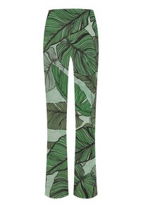 Grüne Hose mit großem Blättermuster in verschiedenen Grüntönen, mit schwarzen Umrissen. Hergestellt aus glattem, leichtem Stoff.