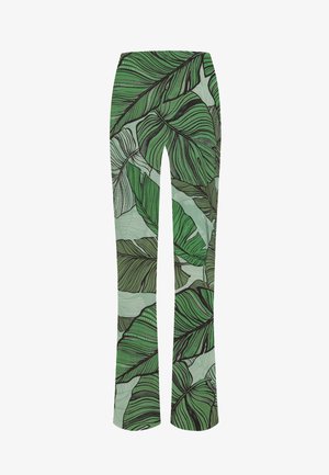 Grüne Hose mit großem Blättermuster in verschiedenen Grüntönen, mit schwarzen Umrissen. Hergestellt aus glattem, leichtem Stoff.