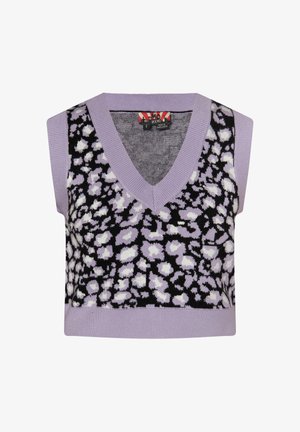 Purpursarkans un melns bez piedurknēm, ar V-veida kakla izgriezumu, kuram ir leopardu raksts maigos purpura un krēmkrāsas toņos. Adīta tekstūra.