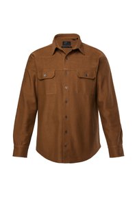 Brun flannelskjorte med lange ærmer, to brystlommer, knappet front og kontrastfarvede sorte knapper. Glat tekstur, klassisk kravedesign.