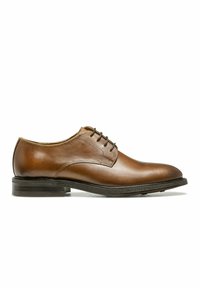 Chaussure habillée en cuir marron avec une finition lisse, un design à lacets, un bout arrondi et une semelle en caoutchouc plate pour la durabilité et le confort.