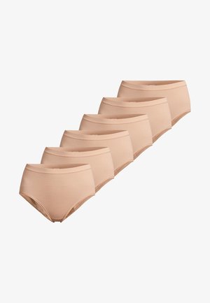 Packung mit sechs Damen-Slips aus beiger Baumwolle mit glatter Textur, elastischem Bund und klassischem Schnitt. Jeder hat eine hohe Taille.