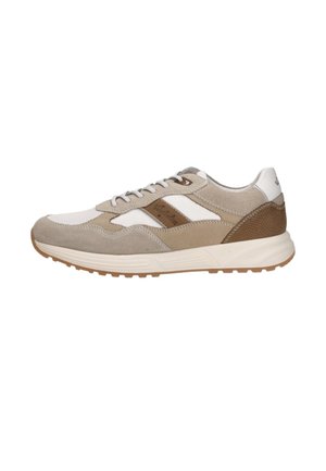 Low-top sneaker in beige, white, and brown with lace-up front, suede and mesh material, and textured brown heel panel.