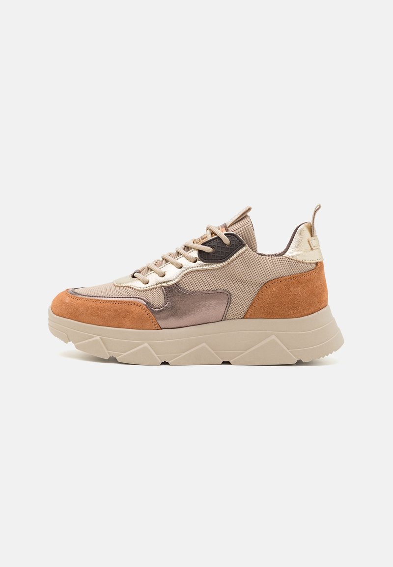Baskets beiges et brunes avec semelle épaisse beige, tige en mesh mélangé et daim, devant à lacets et tirette au talon.