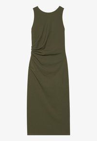 Rochie fără mâneci de culoare verde măslin, cu siluetă ajustată, prezentând un detaliu de drapaj pe lateral și o textură a materialului netedă. Fără modele vizibile.