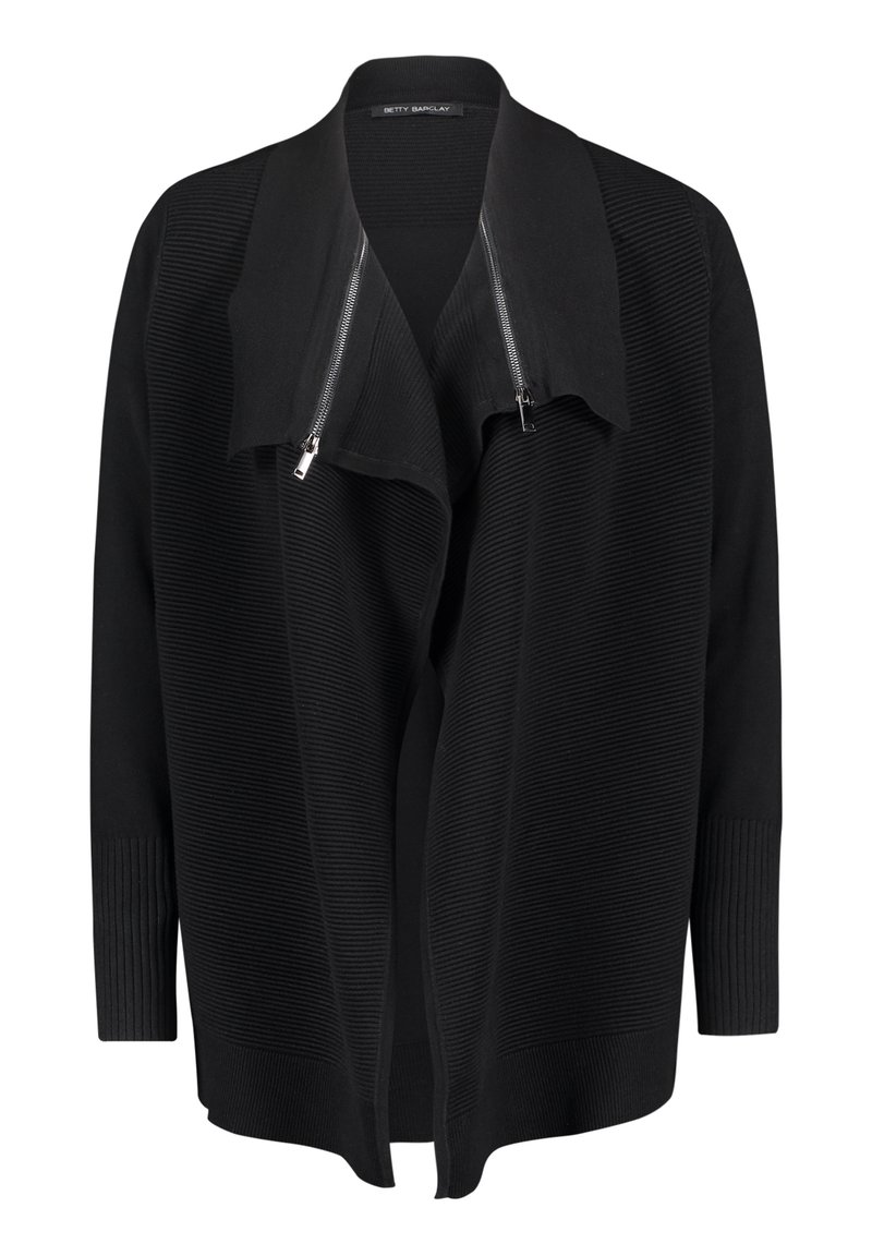 Svart kofta med ribbad textur och bred krage. Har dragkedja framtill, långa ärmar och en öppen silhuett.