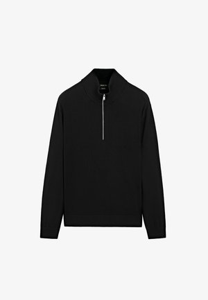 Black knitted sweater with a high collar and a half zipper. Features long sleeves and ribbed cuffs, made from a soft texture.