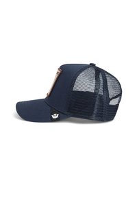 Navy blue cap with mesh back, curved visor, and a leather patch on the front. Features a black label on the side.