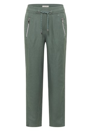 Zielone casualowe spodnie z elastycznym pasem, regulowanym sznurkiem i dwoma przednimi kieszeniami na zamek, o kroju prostych nogawek.