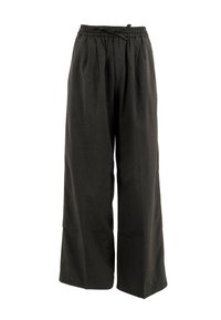 Pantaloni ampi neri realizzati in tessuto testurizzato, con una vita arricciata dotata di cordoncino e sottili strisce verticali.