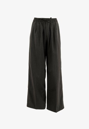 Pantalones de pierna ancha, negros, fabricados con un tejido texturizado, que cuentan con una cintura fruncida con cordón y sutiles rayas verticales.