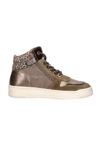High-top sneaker van gemengde materialen, waaronder metallic brons, bruine suede en dierenprintaccenten. Voorzien van een witte rubberen zool en veters.