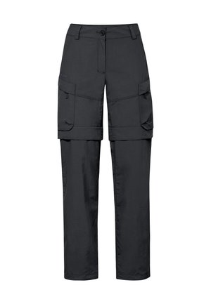Zwarte cargobroek met knoopsluiting, riemlussen, zijzakken en klepzakken, en afritsbare onderbeenstukken.