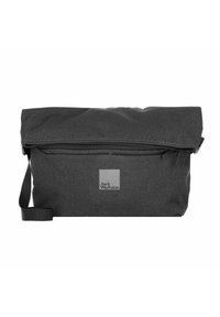 Bolsa mensajera negra hecha de tejido duradero, con un bolsillo con cremallera, diseño de solapa plegable y una correa de hombro ajustable.