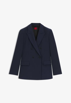 Donkerblauwe double-breasted blazer van gestructureerde stof. Bevat gelapte revers, twee voorzakken en zwarte knopen.