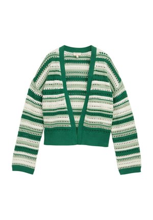 Green and white knitted cardigan featuring horizontal stripes, open front, long sleeves, and textured accents. Crafted from lightweight fabric.