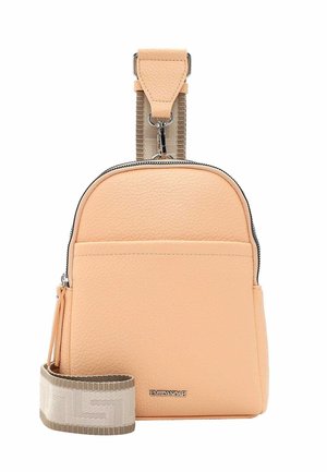 Borsa a spalla in faux leather pesca con finitura testurizzata, forma arrotondata, zip argentata, tasca frontale e tracolla staccabile beige con motivo.