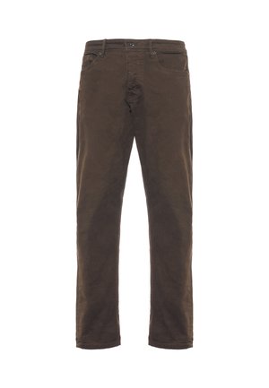 Pantaloni in cotone marrone con vestibilità dritta. Presentano una chiusura frontale con bottone e zip, cinque tasche e dettagli di cucitura sottili.
