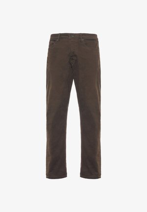 Pantaloni in cotone marrone con vestibilità dritta. Presentano una chiusura frontale con bottone e zip, cinque tasche e dettagli di cucitura sottili.