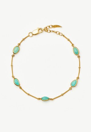 Zarter Goldketten-Armband mit fünf gleichmäßig verteilten ovalen Türkissteinen und einem Karabinerverschluss mit verstellbarer Verlängerungskette.
