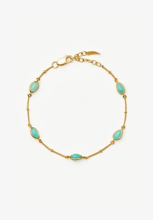 Zarter Goldketten-Armband mit fünf gleichmäßig verteilten ovalen Türkissteinen und einem Karabinerverschluss mit verstellbarer Verlängerungskette.