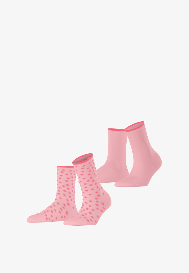 Set aus zwei Paar rosa Socken: eine einfarbige mit kontrastierenden Abschlüssen, eine rosa Socken mit dunkleren Punkten. Weicher Stoff, Knöchelhöhe.