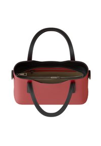 Red leather tote bag with black handles and trim. Interior features a zippered pocket and an organizational pocket in a contrasting color.
