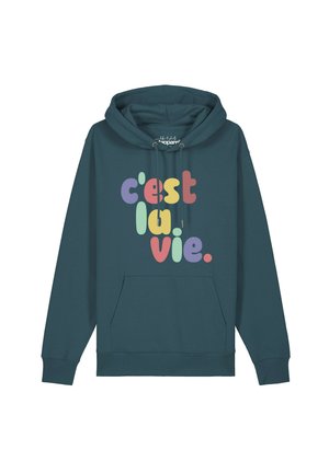 Dunkelblauer Hoodie mit mehrfarbigem Blasentext "c'est la vie" vorne, einer Kängurutasche und einer Kapuze mit Kordelzug.