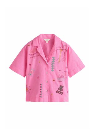 Pink short-sleeve button-up shirt with embroidery of palm tree, sun, turtle, plants, and "Busy Chasing Sunsets" text.