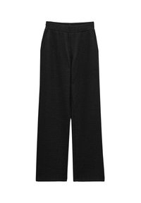 Pantalon noir à jambes larges avec taille élastique et poches latérales, en tissu doux et texturé.