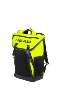 Heldere gele rugzak met zwarte zijvakken van mesh, ritsen en merkopdruk. Voorzien van verstelbare bandjes en een robuuste zwarte onderzijde.