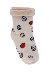 Beżowa skarpetka do kostki z teksturowanym mankietem, ozdobiona kolorowymi wzorami uśmiechniętych buziek w kolorach czerwonym, niebieskim, czarnym i żółtym, uszyta z miękkiej dzianiny.