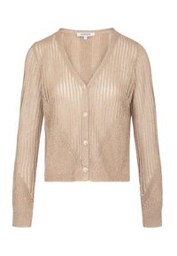 Beige gestrickte Strickjacke mit V-Ausschnitt und vorderer Knopfschließung. Verfügt über eine gerippte Textur und ein tailliertes Design, mit langen Ärmeln und einer cropped Länge.