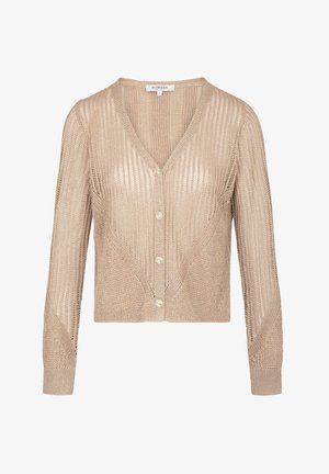 Beige gestrickte Strickjacke mit V-Ausschnitt und vorderer Knopfschließung. Verfügt über eine gerippte Textur und ein tailliertes Design, mit langen Ärmeln und einer cropped Länge.