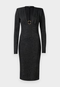 Black long-sleeve fitted midi dress with deep V-neckline, gathered bust, subtle shimmer fabric, and decorative round gold buckle at center front.