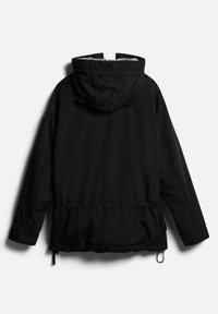 Veste noire à capuche avec cordons réglables à la taille et à l'ourlet, affichée vue de dos sur un fond blanc.