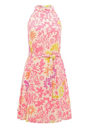 Ärmelloses Neckholderkleid mit pinken, orangen, violetten und gelben Blumenmustern und einem passenden Stoffgürtel, der in der Taille gebunden ist.