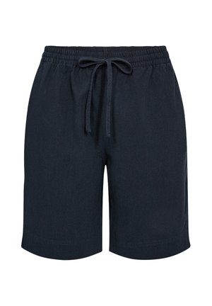 Marineblaue knielange Shorts mit elastischem Bund und verstellbarem Kordelzug vorne, aus weichem Stoff.