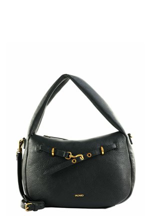Sac à main en cuir texturé noir avec poignée incurvée, détails boucles dorées, et logo "PICARD" sur le devant.