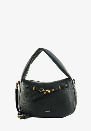 Sac à main en cuir texturé noir avec poignée incurvée, détails boucles dorées, et logo "PICARD" sur le devant.