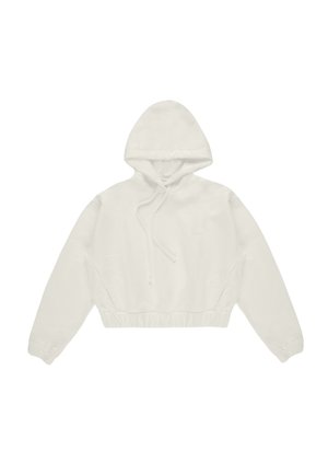 Krótkia biała bluza z kapturem wykonana z miękkiego materiału, wyposażona w kaptur z regulacją sznurkiem, ściągacz na dole i elastyczne mankiety. Minimalistyczny design bez wzorów.