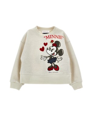 Felpa beige con scollo rotondo, caratterizzata da un design ricamato di Minnie Mouse, dettagli rossi e una silhouette cropped.
